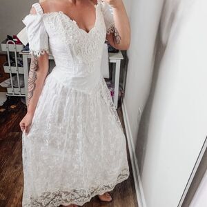Vintage 90s y2k Scott McClintock White Lace Boho Prairie Cottagecore Midi Dress